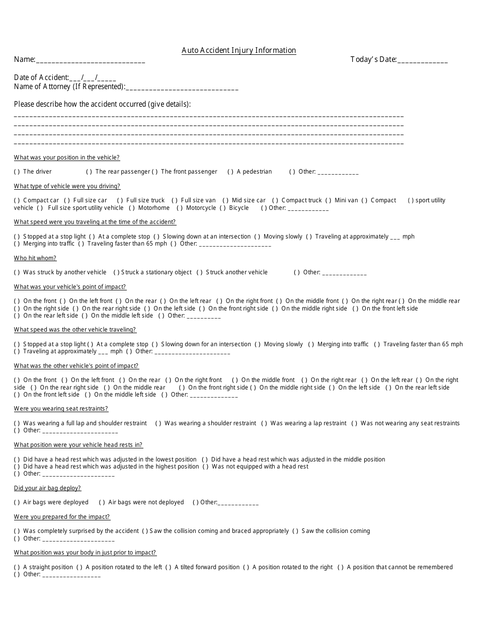 Auto Accident Injury Information Form, Page 1
