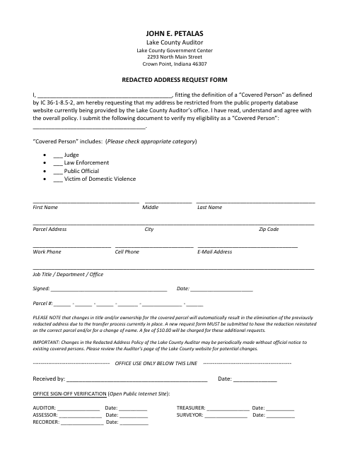 Redacted Address Request Form - Lake County, Indiana Download Pdf