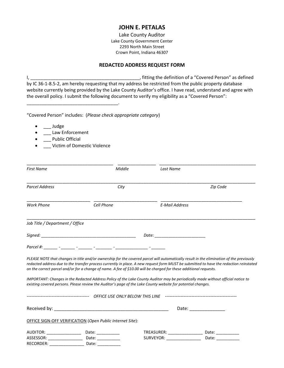 Lake County, Indiana Redacted Address Request Form Fill Out, Sign