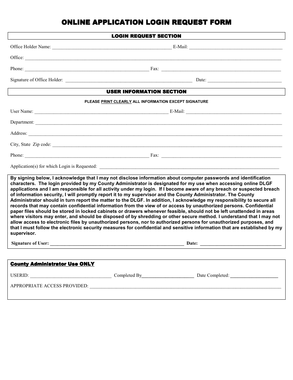 Online Application Login Request Form - Indiana, Page 1