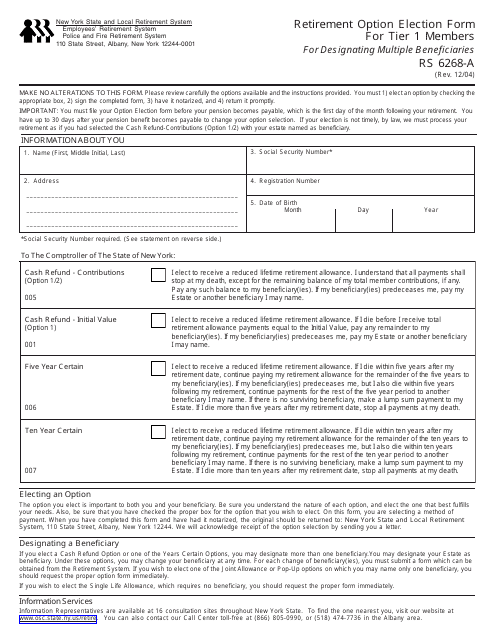 Form RS6268-A Retirement Option Election Form for Tier 1 Members for Designating Multiple Beneficiaries - New York