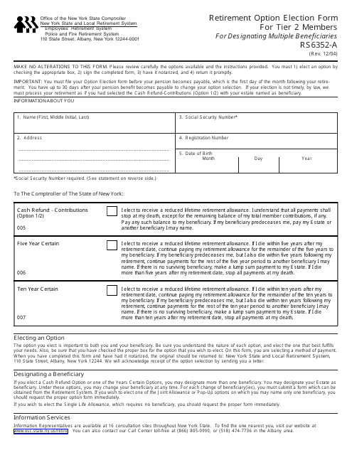 Form RS6352-A Retirement Option Election Form for Tier 2 Members for Designating Multiple Beneficiaries - New York