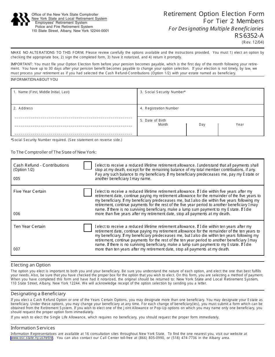 Form RS6352-A Retirement Option Election Form for Tier 2 Members for Designating Multiple Beneficiaries - New York, Page 1
