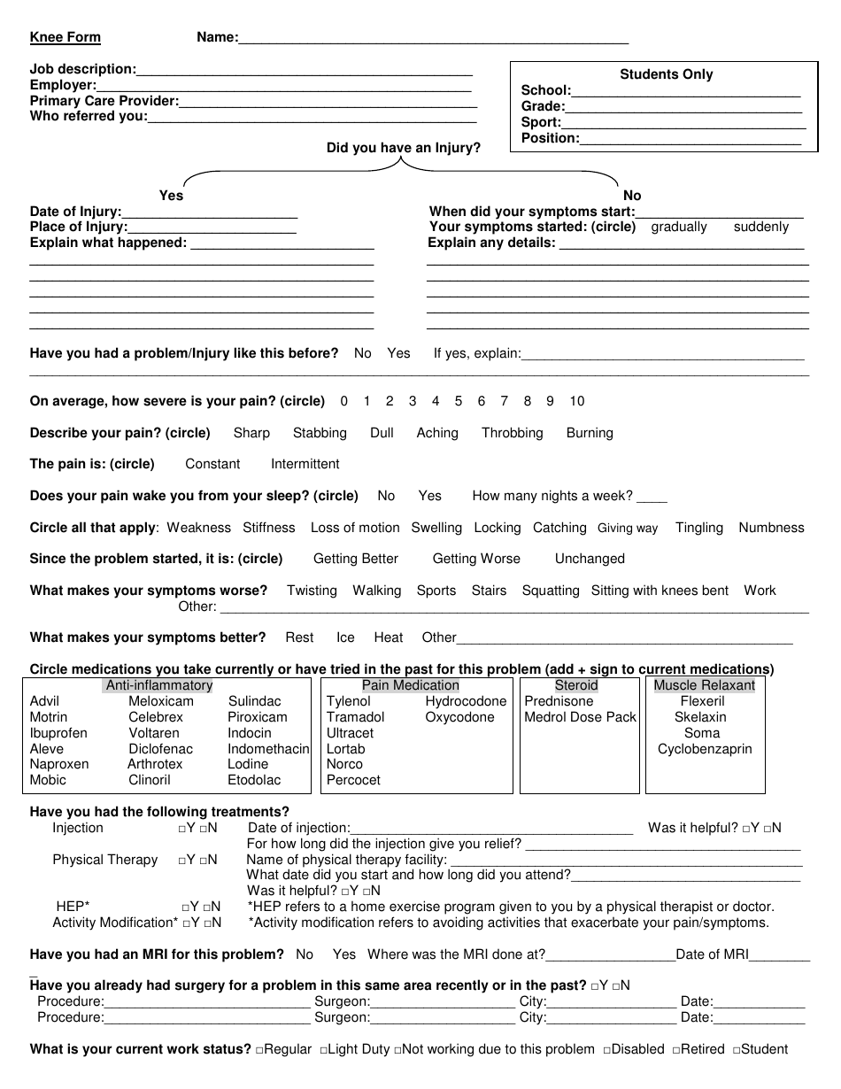 Patient Intake Form - Knee Injury, Page 1