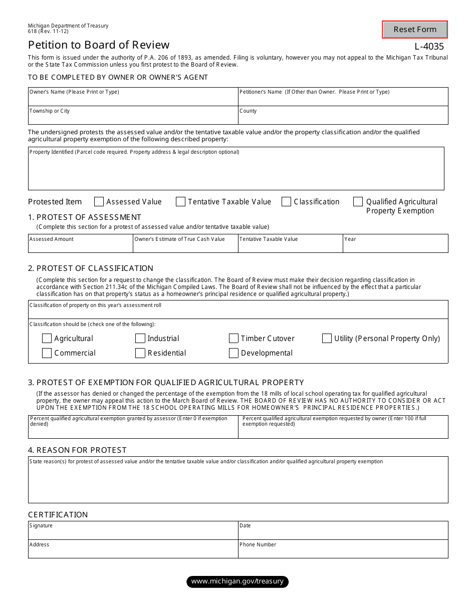 Form 618 Petition to Board of Review - Michigan, Page 1
