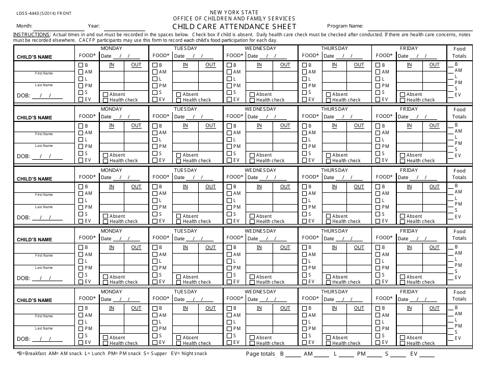 Form LDSS-4443 Child Care Attendance Sheet - New York, Page 1