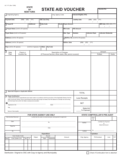 Form AC1171 State Aid Voucher - New York