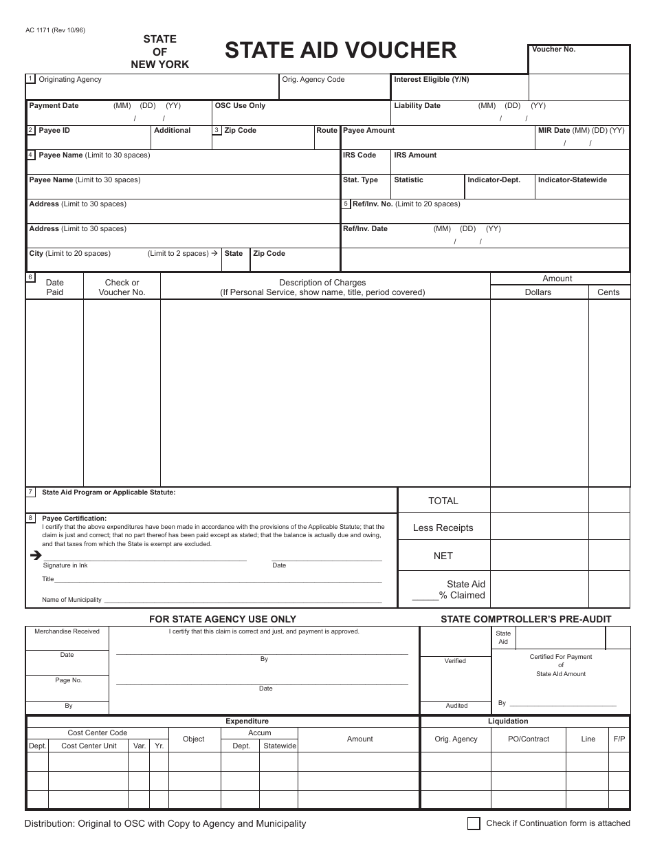 Form AC1171 State Aid Voucher - New York, Page 1