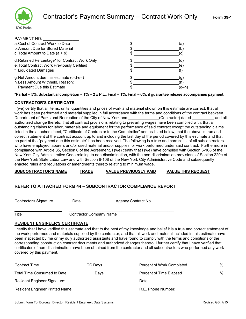 Form 39-1 Contractors Payment Summary - Contract Work Only - New York City, Page 1