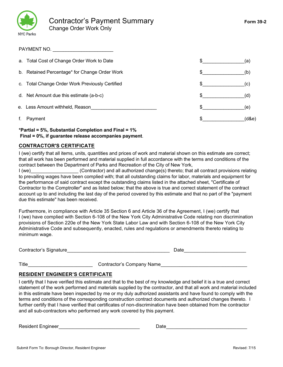 Form 39-2 Contractor's Payment Summary for Change Order Work - New York City, Page 1