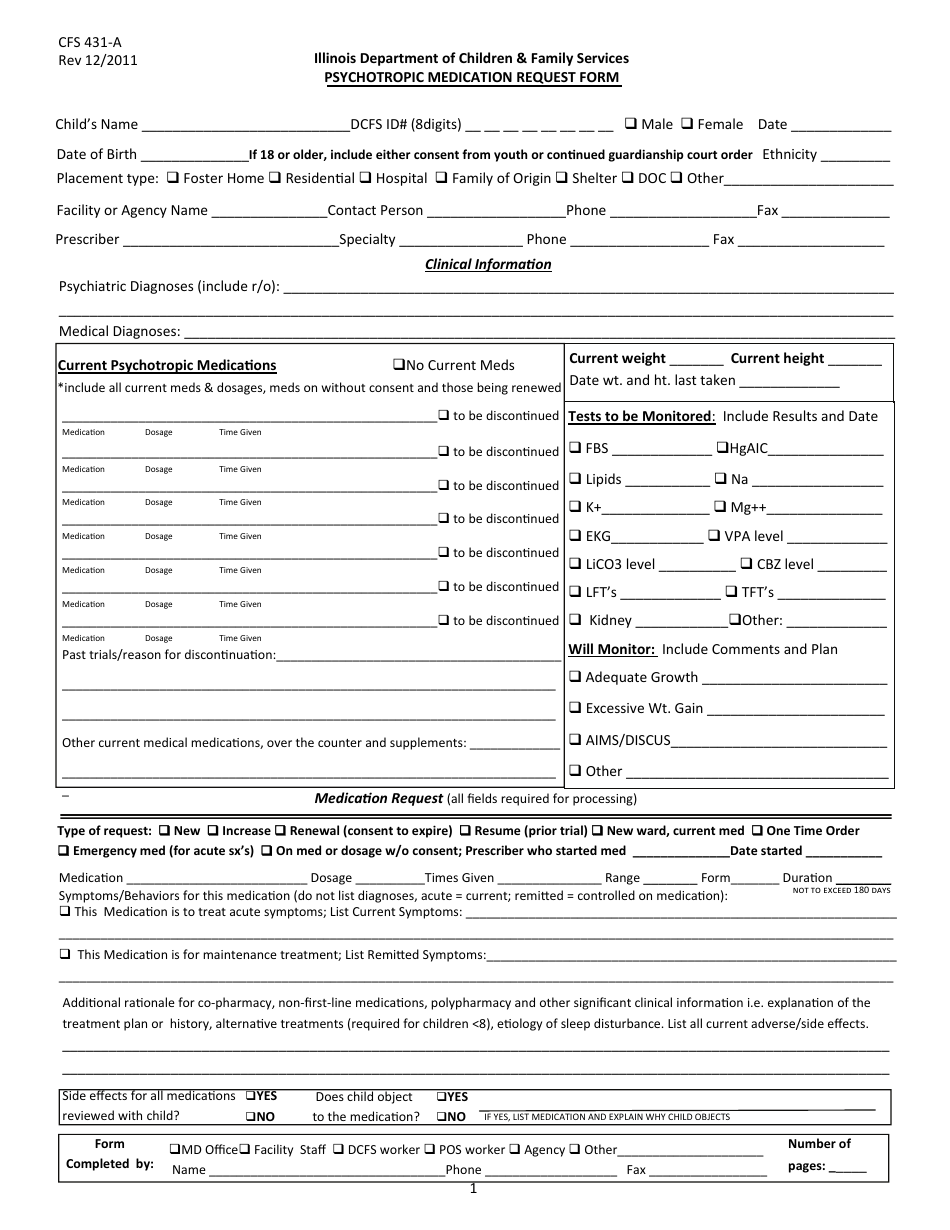 Form CFS431-a Psychotropic Medication Request - Illinois, Page 1