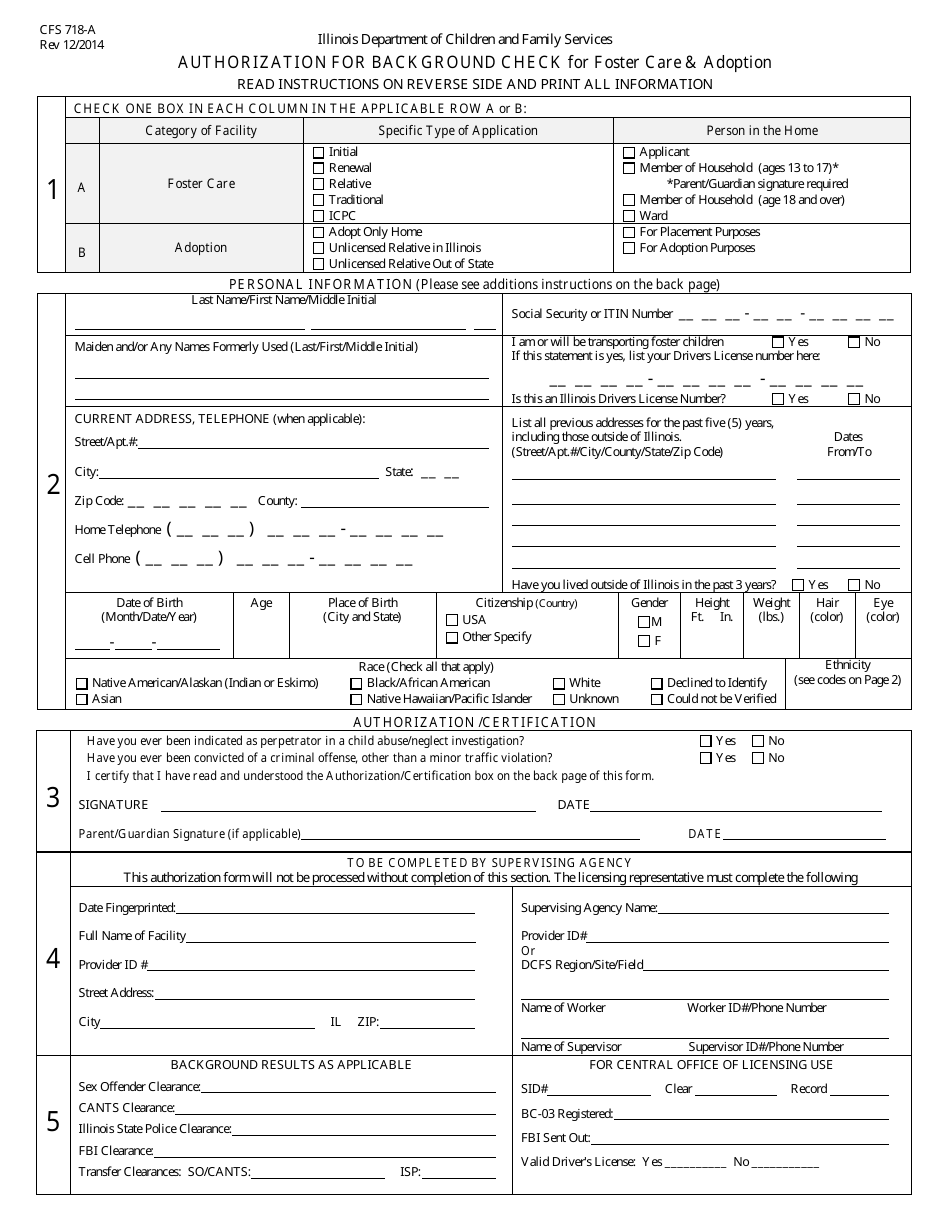 Form CFS718-a Authorization for Background Check for Foster Care and Adoption - Illinois, Page 1