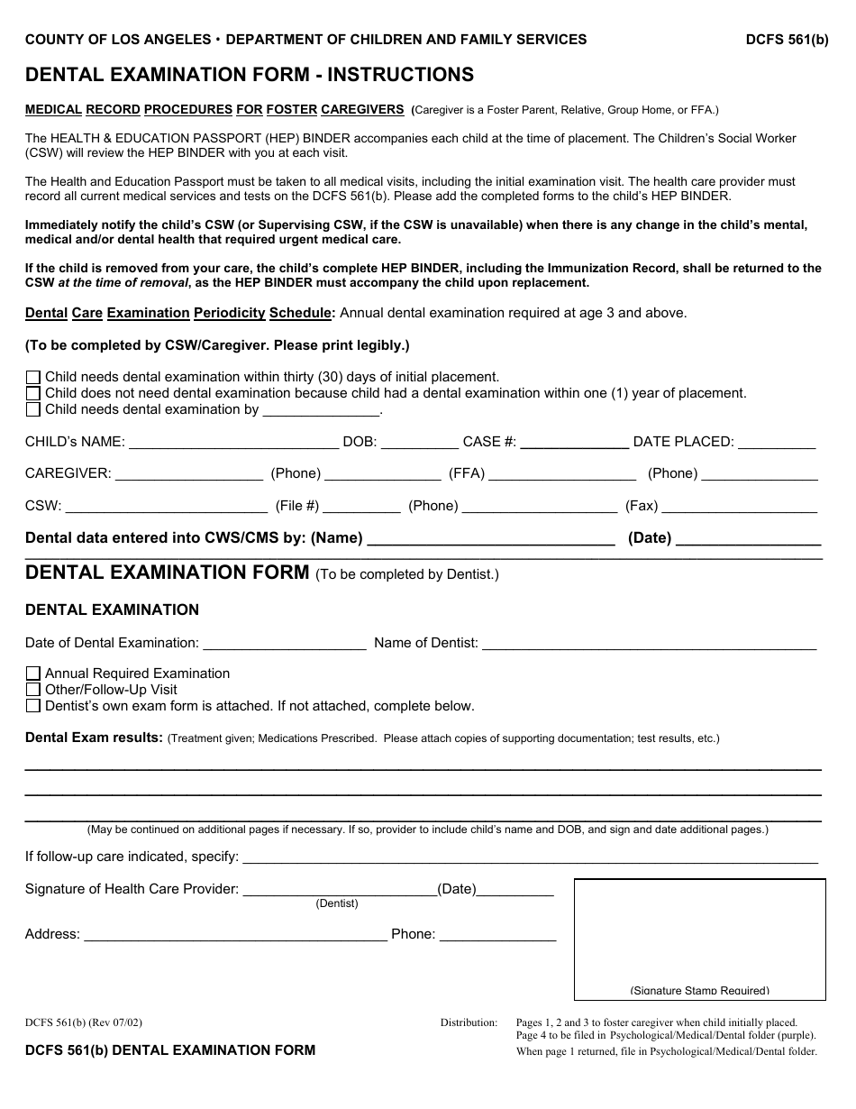 Form DCFS561(B) Dental Examination Form - County of Los Angeles, California, Page 1