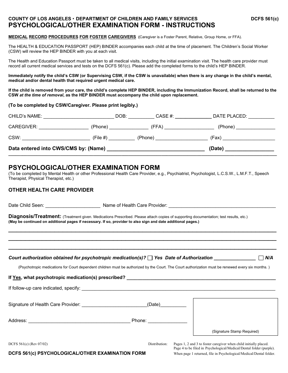 Form DCFS561(C) Psychological / Other Examination Form - County of Los Angeles, California, Page 1