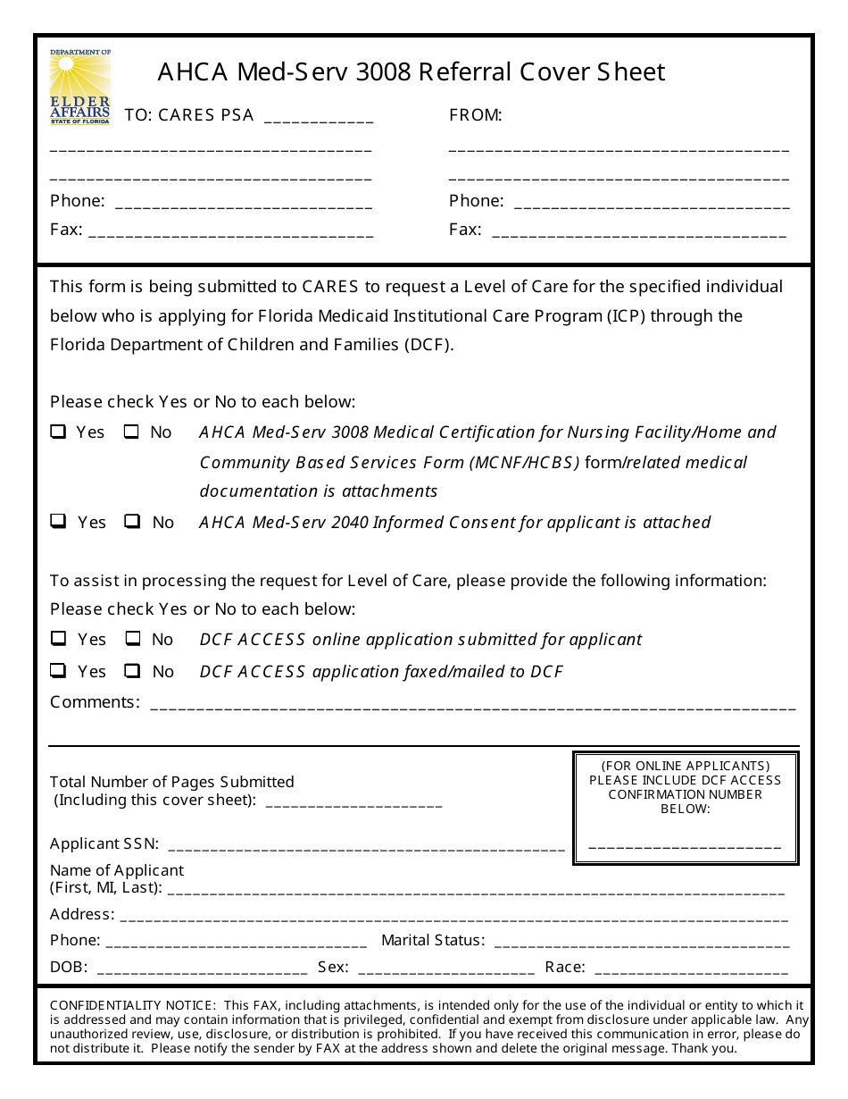 Ahca Med-Serv 3008 Referral Cover Sheet - Florida, Page 1
