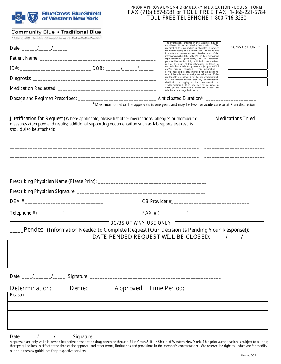 Prior Approval / Non-formulary Medication Request Form - Blue Cross Blue Shield of Western New York - New York, Page 1