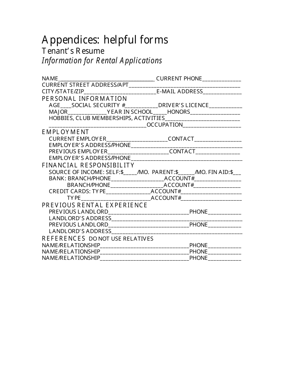 Tenants Rental Application Information Form, Page 1