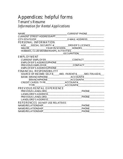 Tenant's Rental Application Information Form