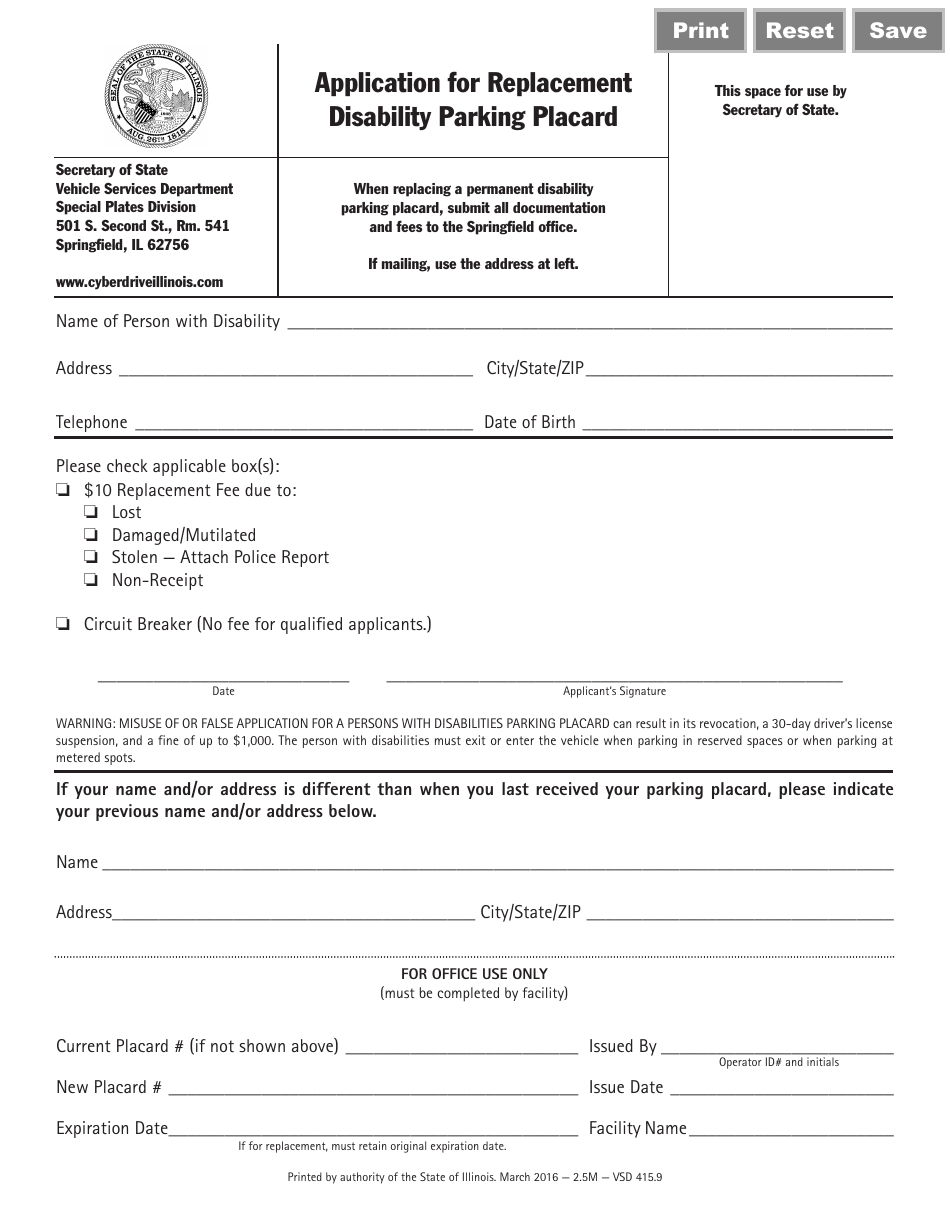 Form VSD415.9 Application for Replacement Disability Parking Placard - Illinois, Page 1