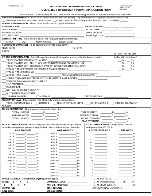 Form 850-040-02 Oversized / Overweight Permit Application - Florida