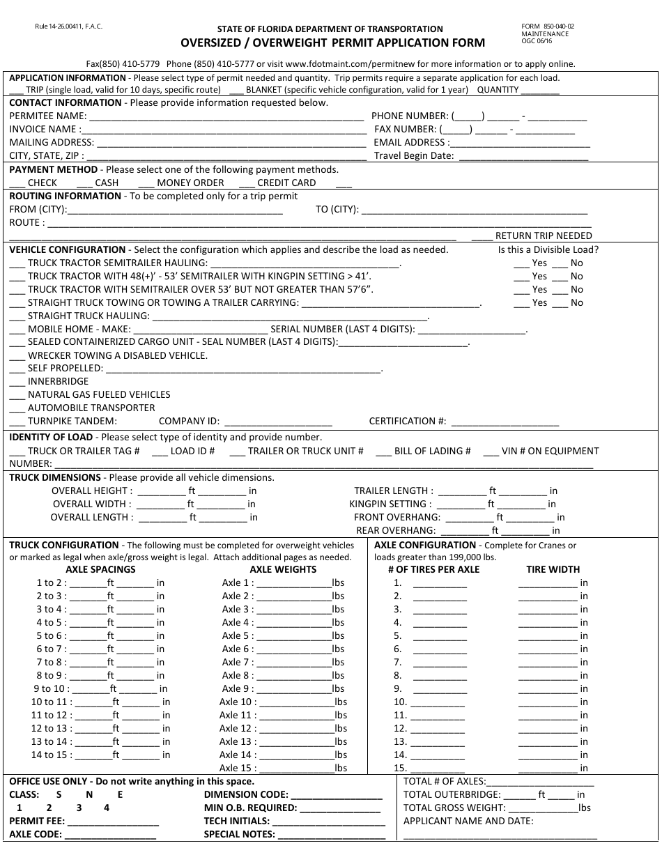 Form 850-040-02 Oversized / Overweight Permit Application - Florida, Page 1