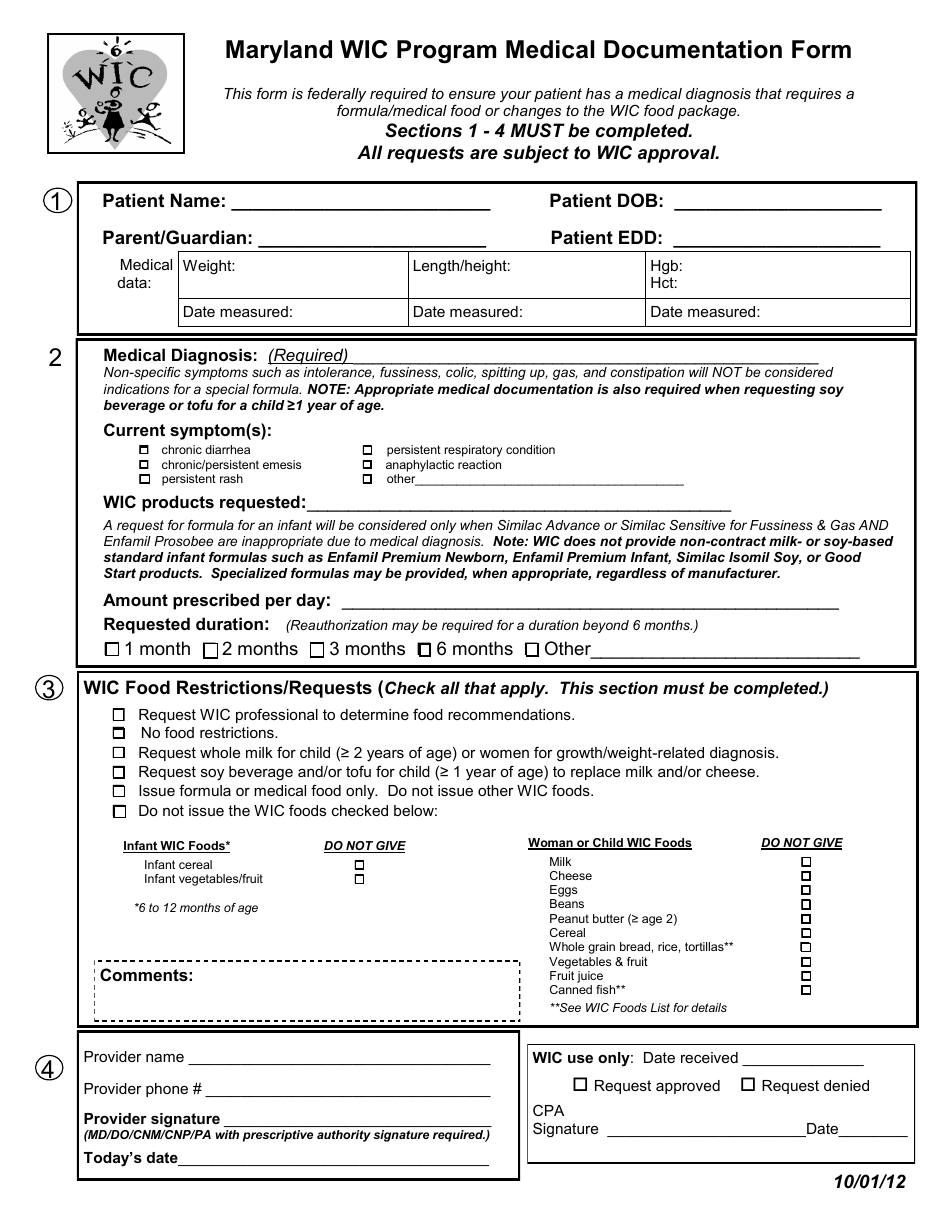 Wic Program Medical Documentation Form - Maryland, Page 1
