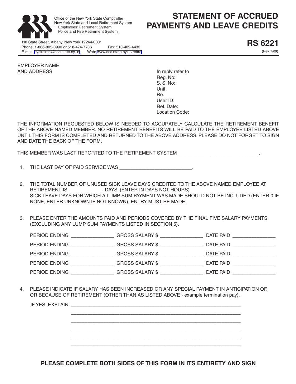 Form RS6221 Statement of Accrued Payments and Leave Credits - New York, Page 1