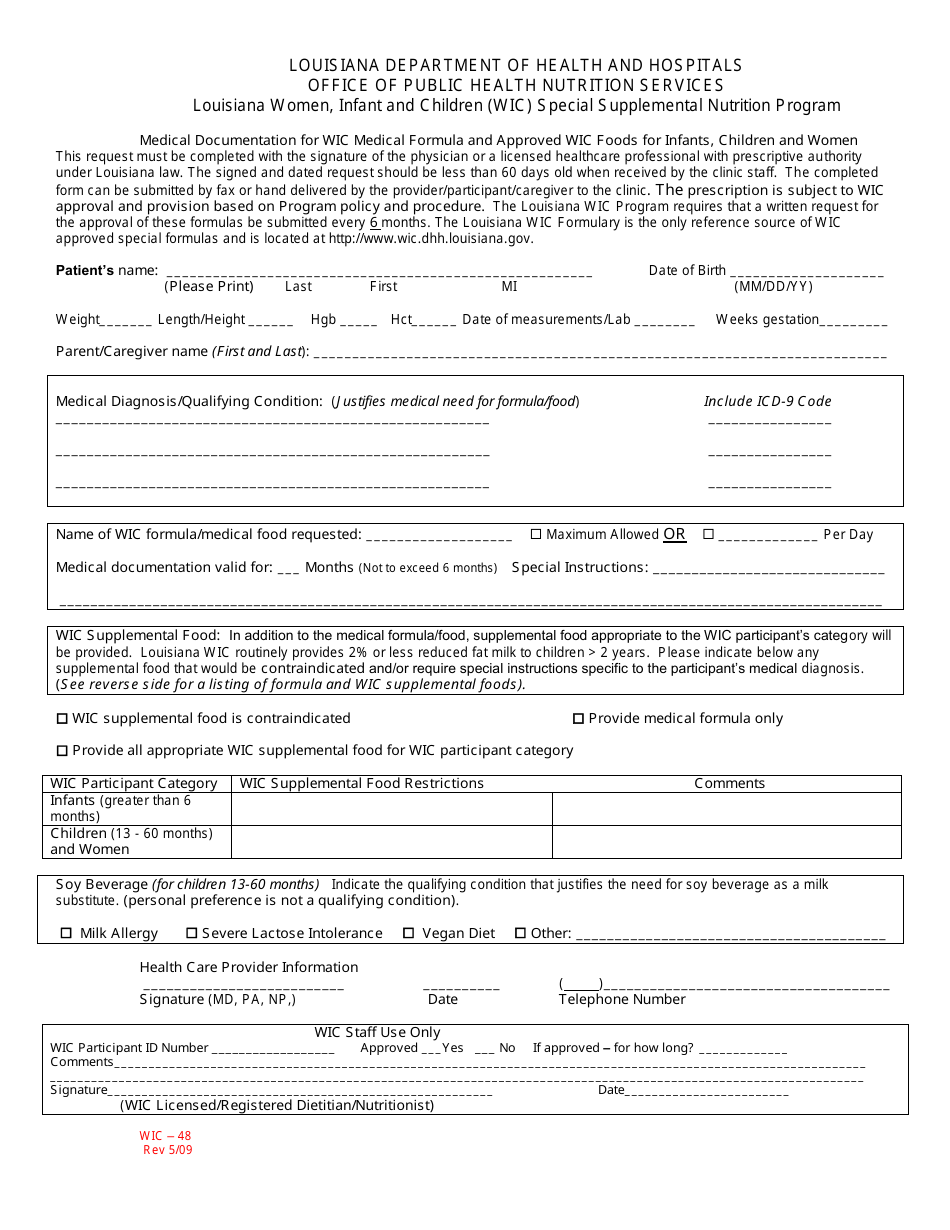Form WIC-48 Women, Infant and Children (Wic) Special Supplemental Nutrition Program - Louisiana, Page 1