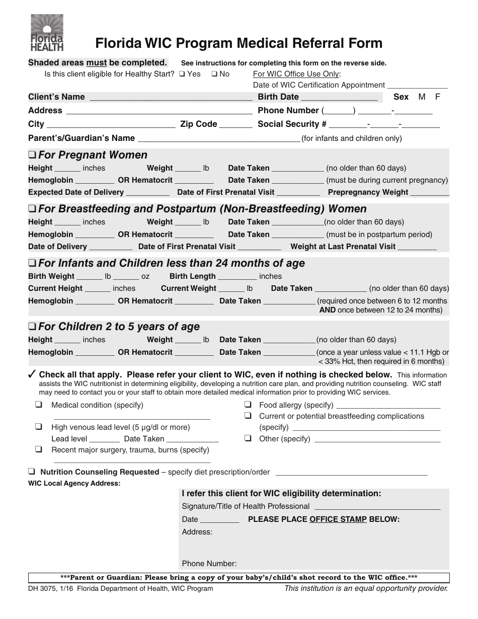 Form DH3075 Florida Wic Program Medical Referral Form - Florida, Page 1