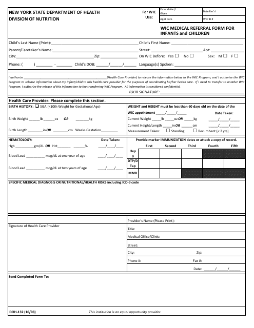 Form DOH-132 Wic Medical Referral Form for Infants and Children - New York