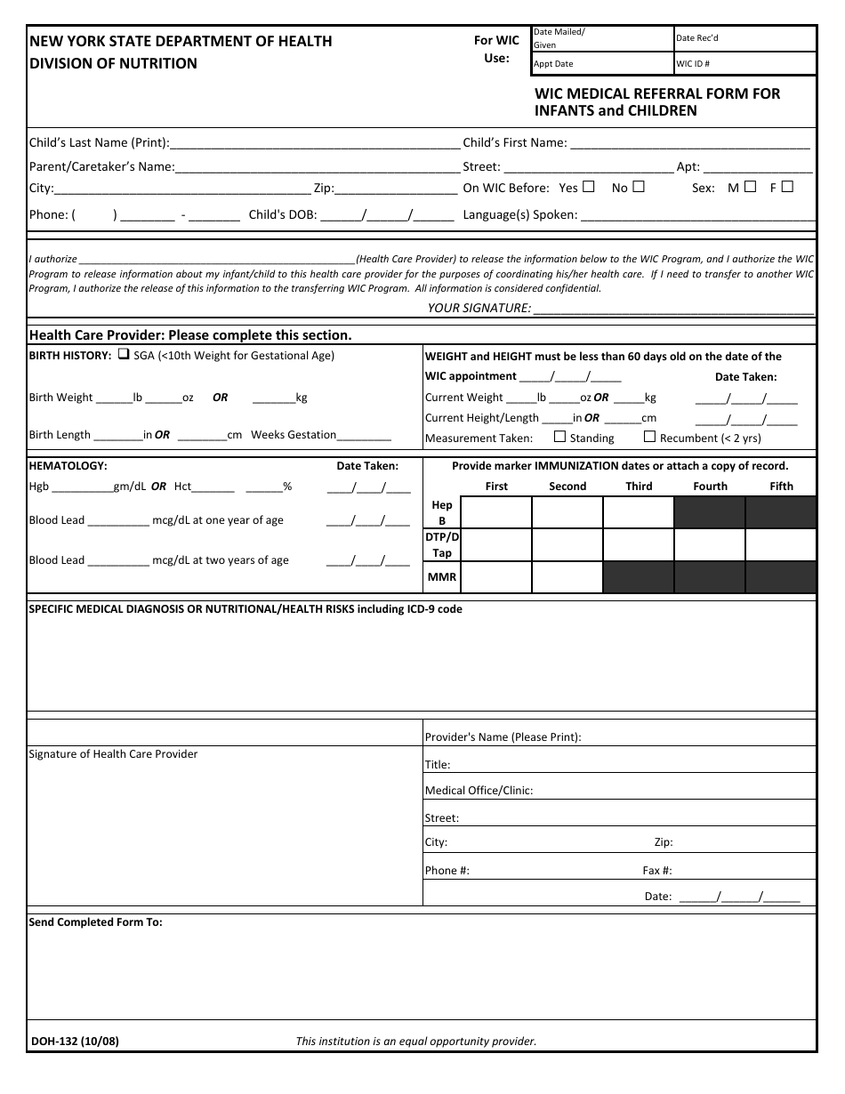 Form DOH-132 Wic Medical Referral Form for Infants and Children - New York, Page 1