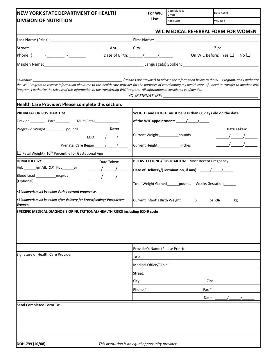 Form DOH-799 Wic Medical Referral Form for Women - New York, Page 1