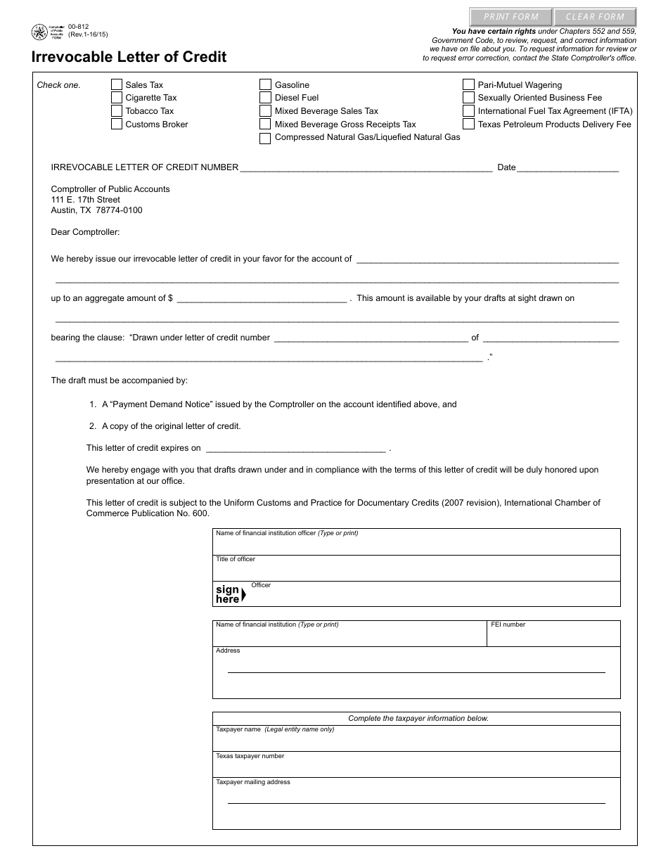 Form 00-812 Irrevocable Letter of Credit - Texas, Page 1