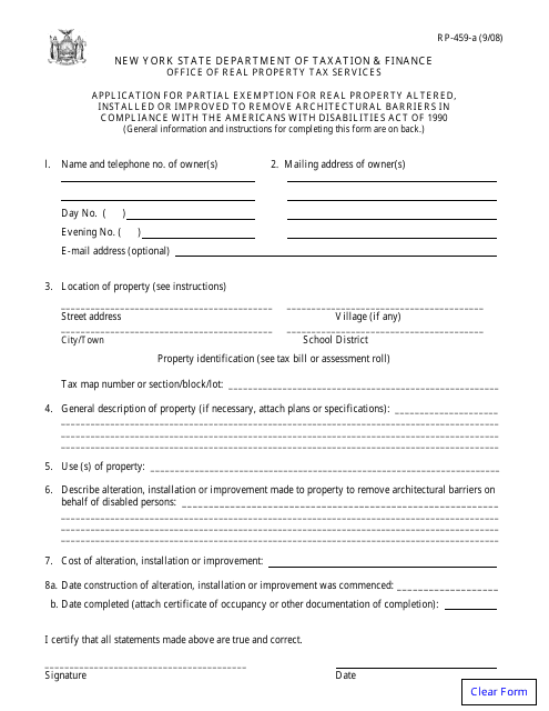 Form RP-459-A Application for Partial Exemption for Real Property Altered, Installed or Improved to Remove Architectural Barriers in Compliance With the Americans With Disabilities Act of 1990 - New York