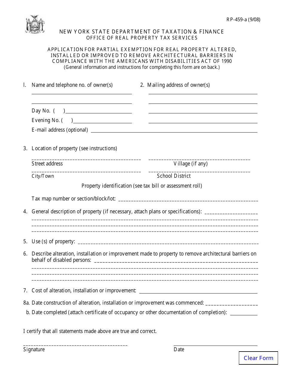 Form RP459A Fill Out, Sign Online and Download Fillable PDF, New
