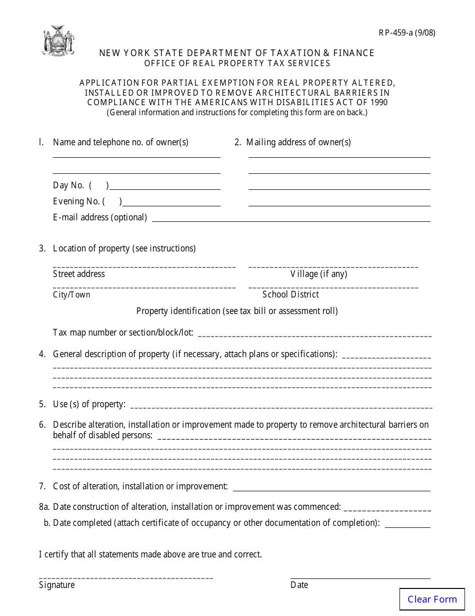 Form RP-459-A Application for Partial Exemption for Real Property Altered, Installed or Improved to Remove Architectural Barriers in Compliance With the Americans With Disabilities Act of 1990 - New York, Page 1