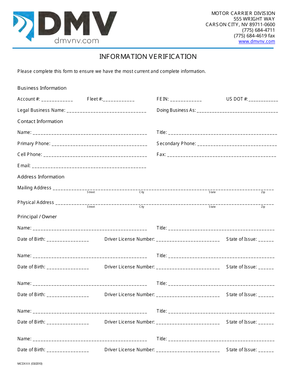 Form MC374 Information Verification - Nevada, Page 1