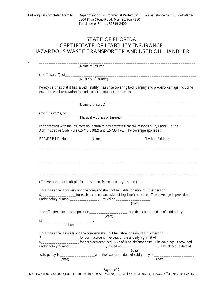 DEP Form 62-730.900(5)(a) Certificate of Liability Insurance - Hazardous Waste Transporter and Used Oil Handler - Florida, Page 1