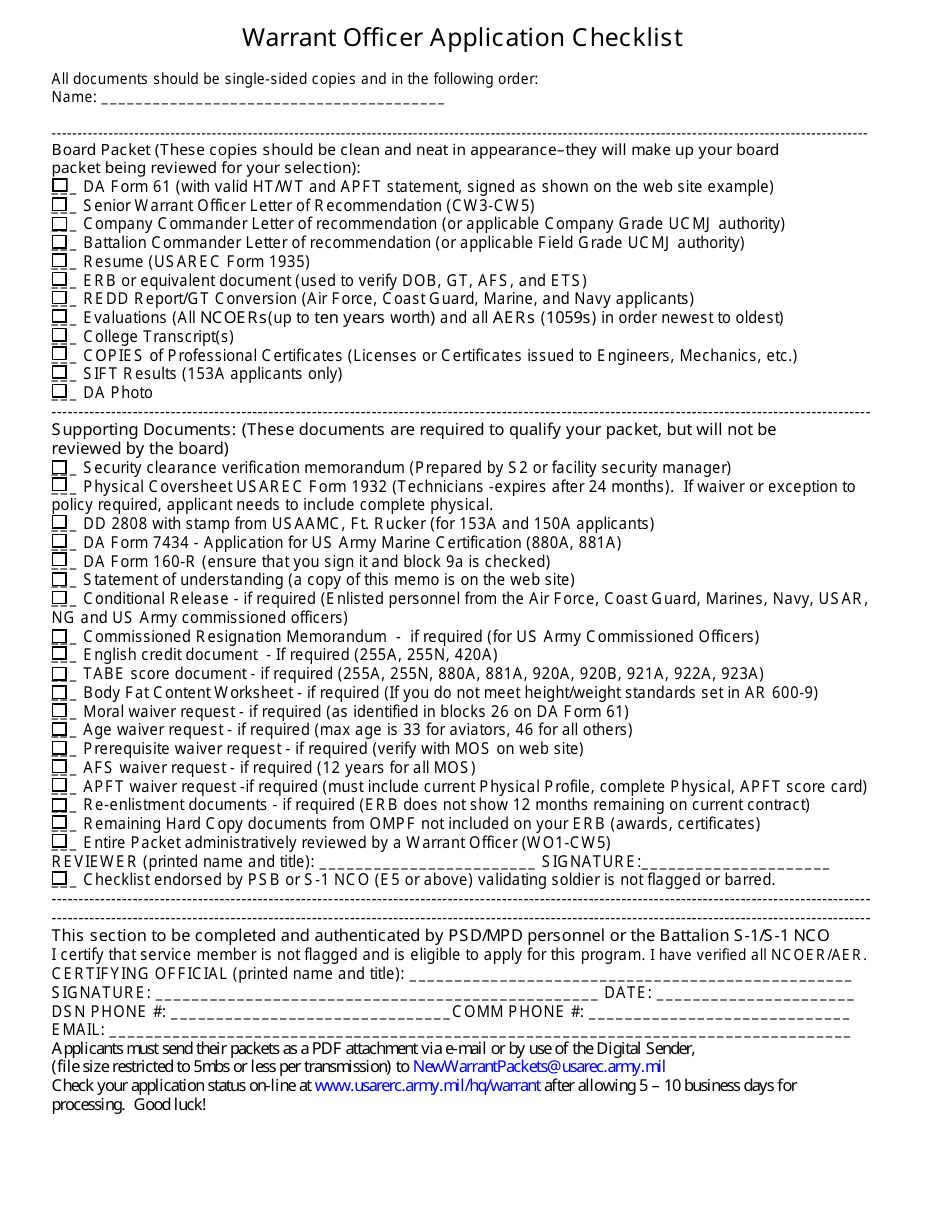 Warrant Officer Application Checklist Form, Page 1