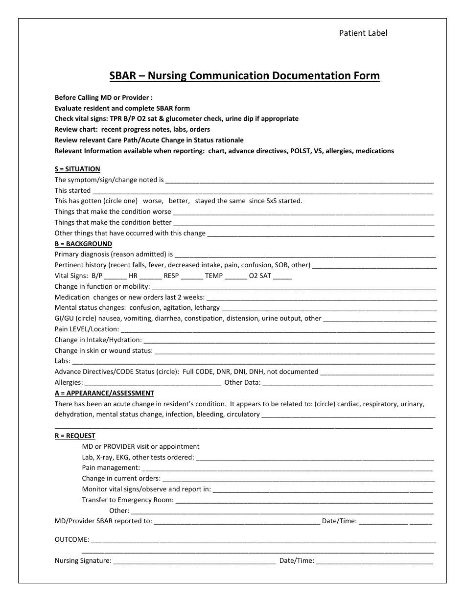 Nursing Communication Documentation Form, Page 1