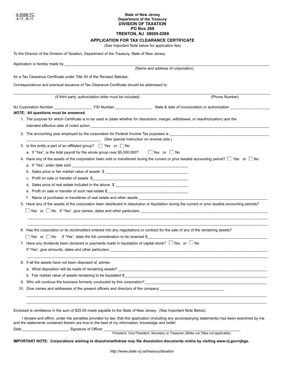 Form A-5088-TC Application for Tax Clearance Certificate - New Jersey, Page 1