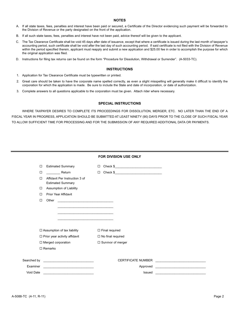 Form A-5088-TC Application for Tax Clearance Certificate - New Jersey, Page 2