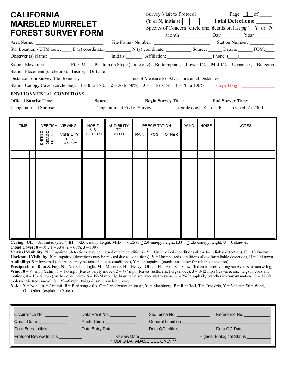 Marbled Murrelet Forest Survey Form - California, Page 1