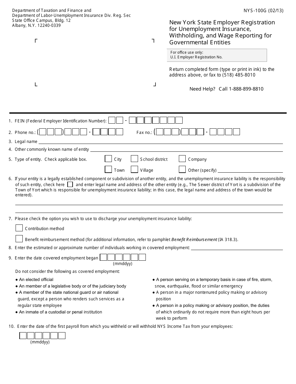 Form NYS-100G New York State Employer Registration for Unemployment Insurance, Withholding, and Wage Reporting for Governmental Entities - New York, Page 1