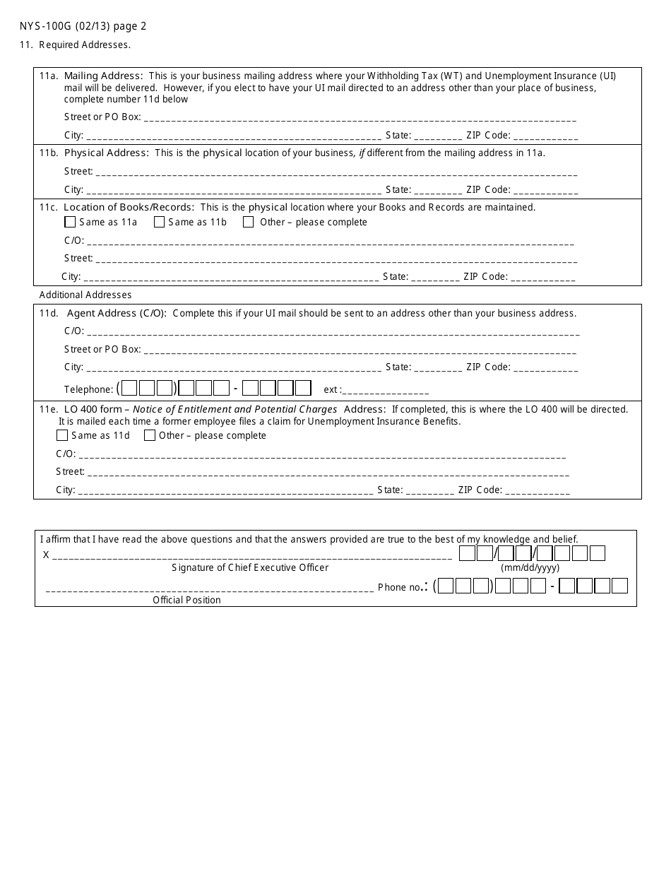 Form NYS-100G New York State Employer Registration for Unemployment Insurance, Withholding, and Wage Reporting for Governmental Entities - New York, Page 2
