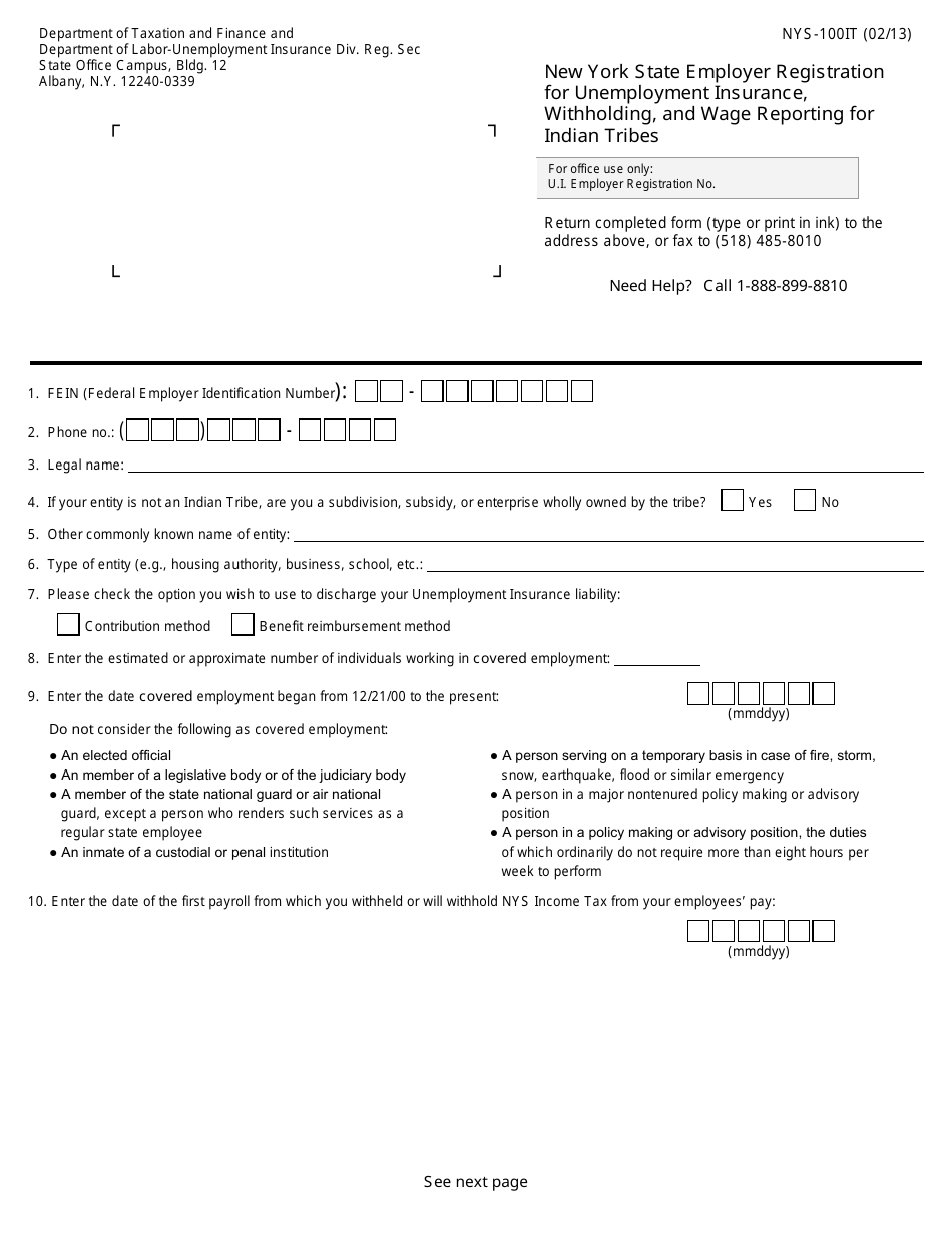 Form NYS-100IT New York State Employer Registration for Unemployment Insurance, Withholding, and Wage Reporting for Indian Tribes - New York, Page 1