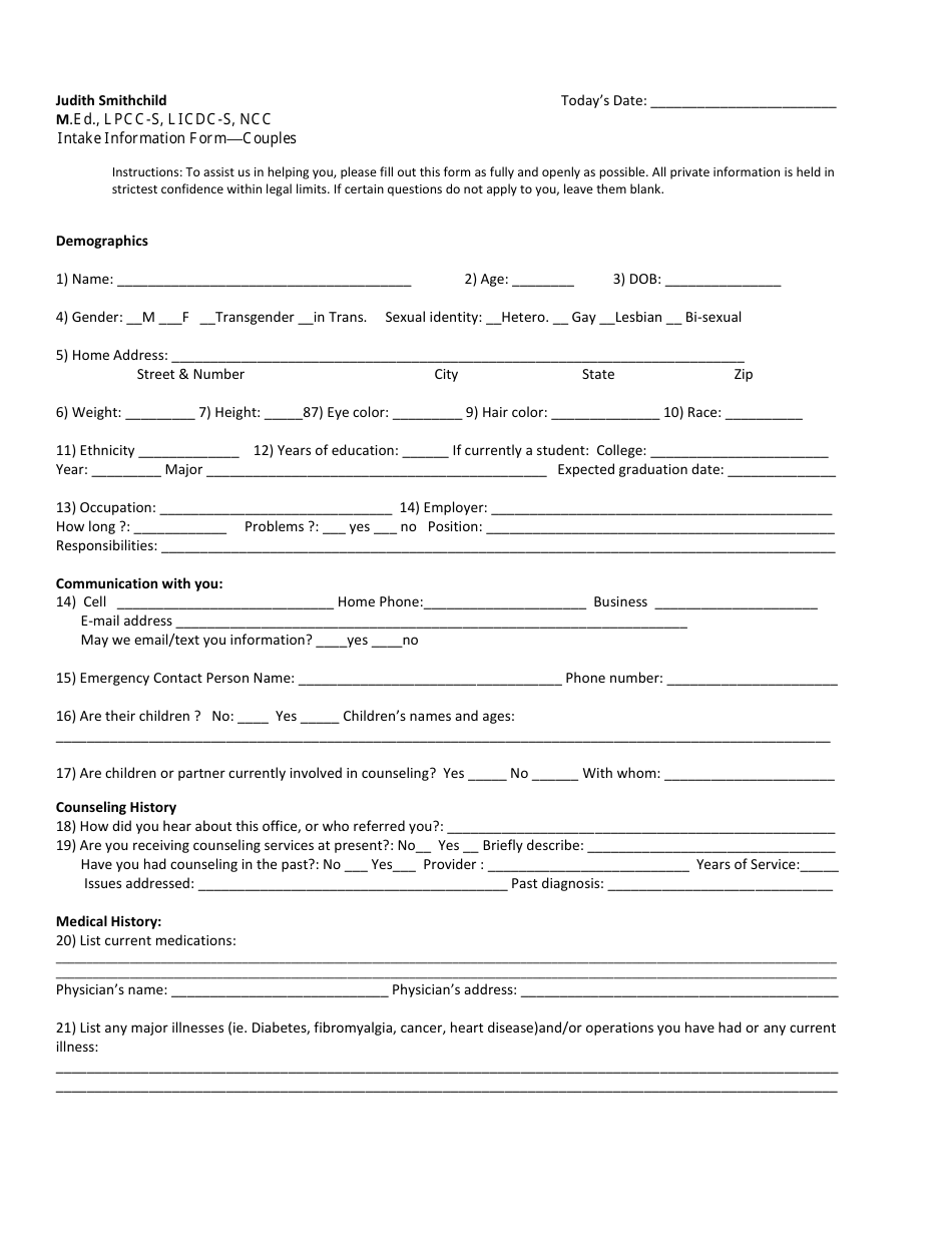 Intake Information Form - Couples - Judith Smithchild - Fill Out, Sign ...