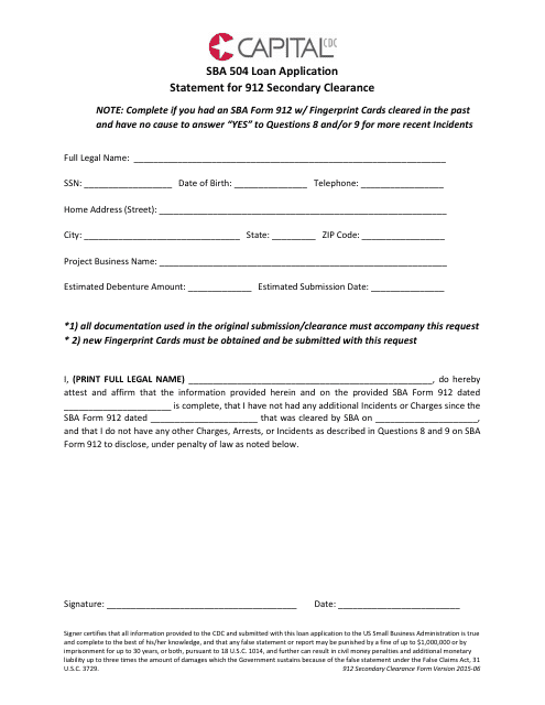 &quot;Loan Application Form - Statement for 912 Secondary Clearance - Capital Cdc&quot; Download Pdf