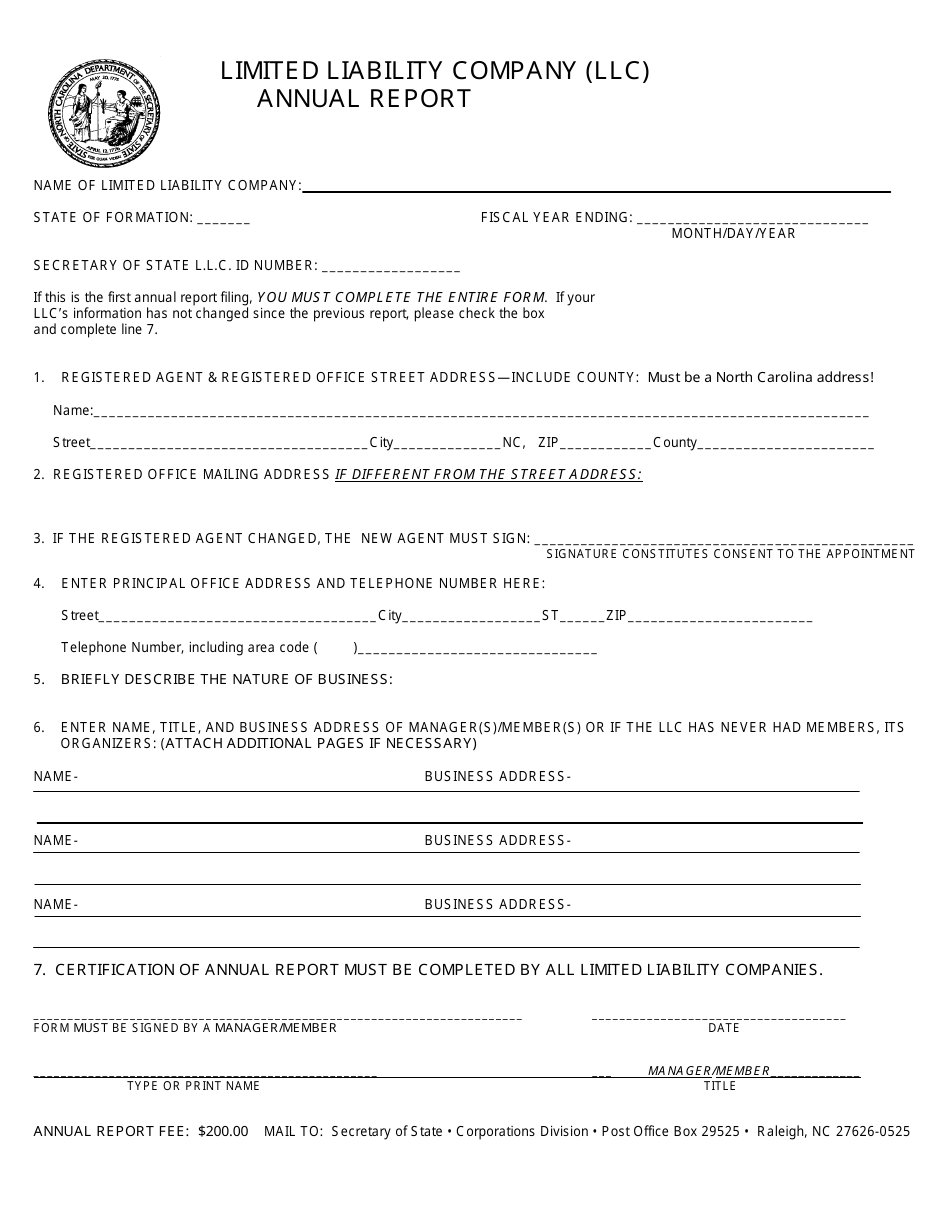 North Carolina Limited Liability Company Annual Report Form Fill Out