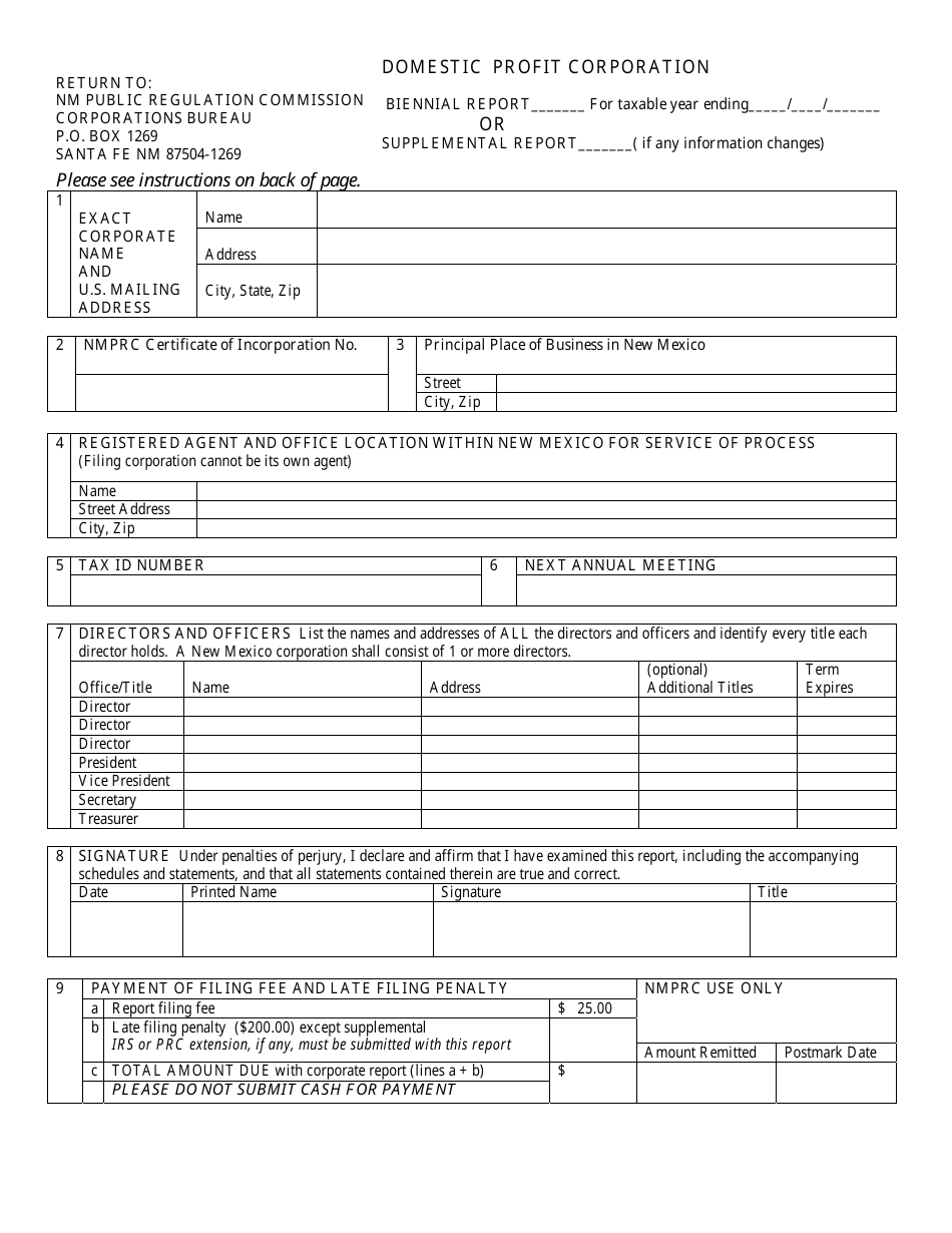 Biennial or Supplemental Report Form - New Mexico, Page 1